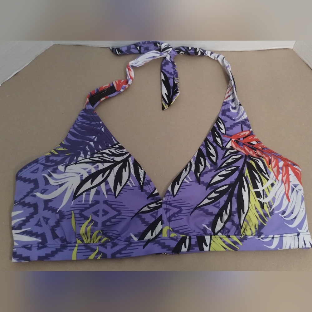 Purple Leaf Print Halter Bikini Swim Top